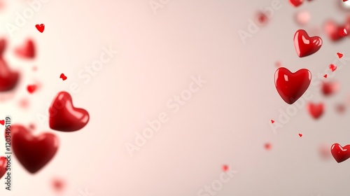 Romantic red hearts gently falling soft light background. AI Generated