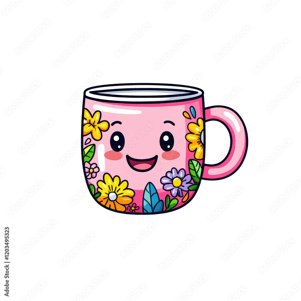 Cute Kawaii Teacup with Floral Pattern and Smiling Face Design Cute Kawaii Teacup with Floral Pattern and Smiling Face Design