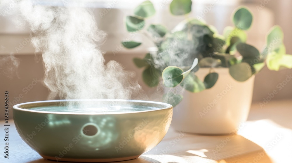Close-up of a warm bowl with eucalyptus-infused water and rising steam, creating a tranquil spa atmosphere. Relaxation, wellness, and self-care concept. Close-up of a warm bowl with eucalyptus-infused water and rising steam, creating a tranquil spa atmosphere. Relaxation, wellness, and self-care concept.