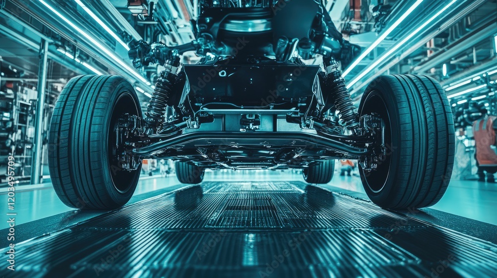 Fototapeta premium Mechanic inspecting the underside of a sports car for suspension wear.