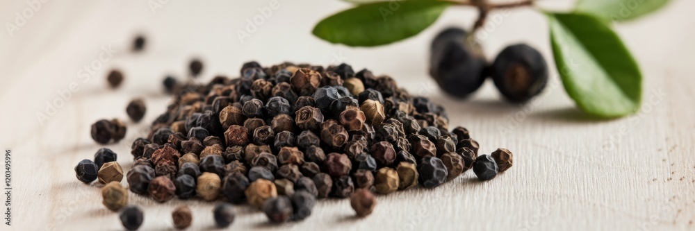 Black pepper grains scattered on a light wooden surface. In the background is a branch with green leaves and black pepper berries. The background is blurred and there is room for text. Black pepper grains scattered on a light wooden surface. In the background is a branch with green leaves and black pepper berries. The background is blurred and there is room for text.