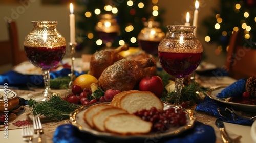 Festive Hanukkah table setting adorned with traditional foods and warm candlelight for a joyous celebration photo