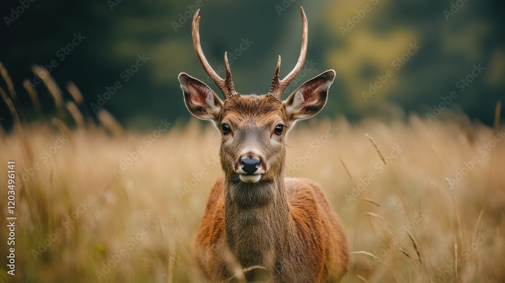 Majestic deer resting in a field during autumn near a forested area Majestic deer resting in a field during autumn near a forested area