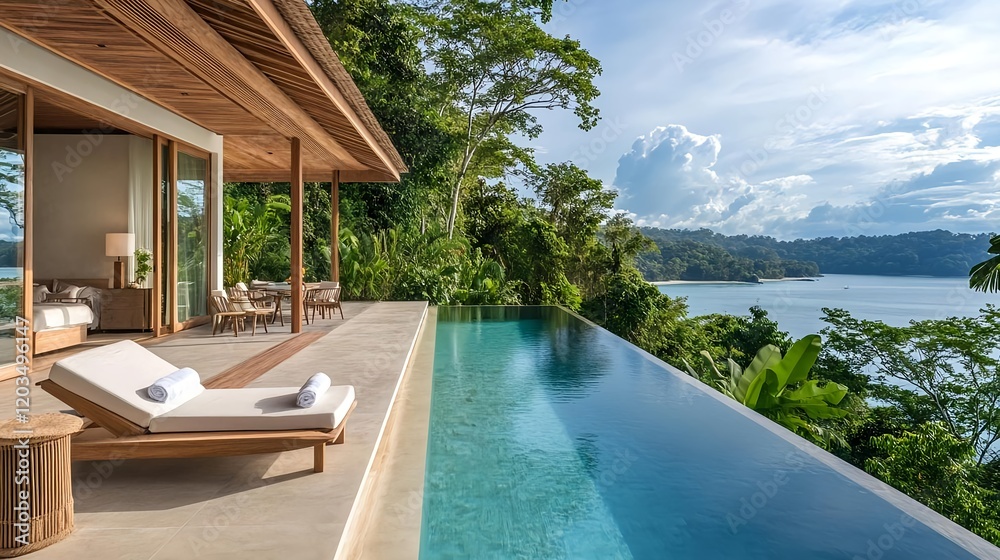 Fototapeta premium luxury villa infinity pool ocean view - minimalist architecture