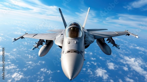 The F/A-18 Hornet gleams brilliantly against the vast blue sky, its impressive design reinforcing the might of military aviation and the thrill of flight. photo