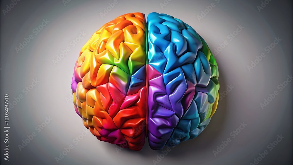 Abstract Low Poly Brain: Gray vs. Colorful Hemispheres - Stock Photo Abstract Low Poly Brain: Gray vs. Colorful Hemispheres - Stock Photo
