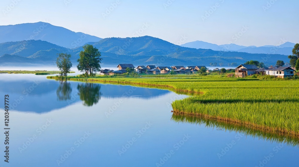 Peaceful lake village landscape Peaceful lake village landscape