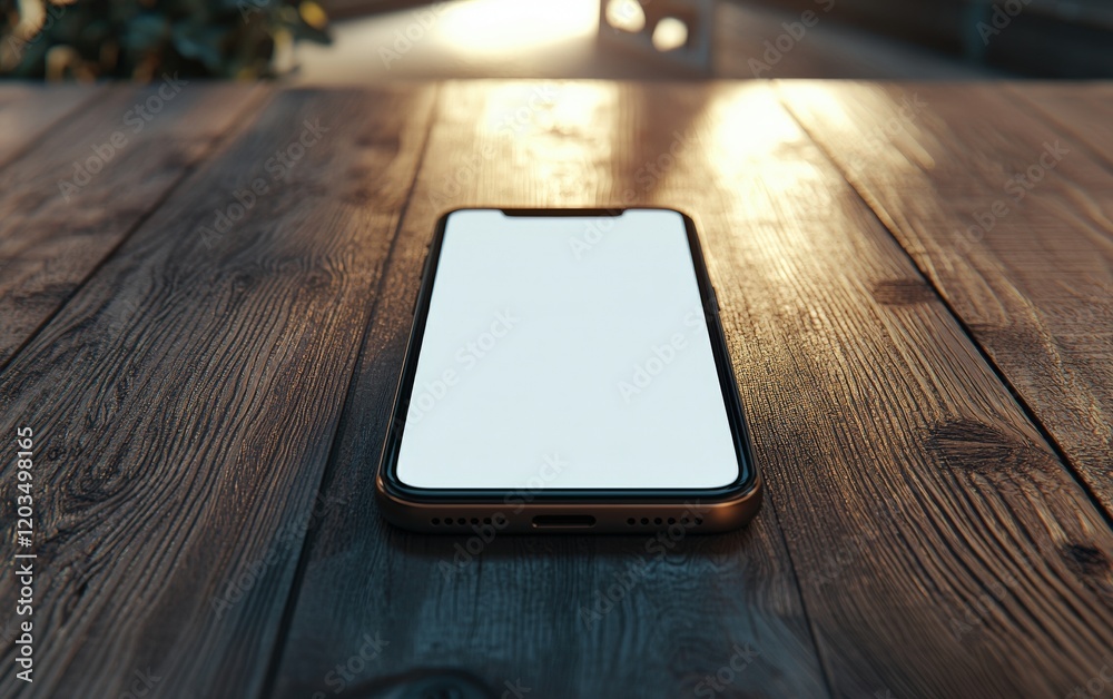 A premium smartphone with a large blank display, placed on a modern Scandinavian-style wooden table with soft lighting A premium smartphone with a large blank display, placed on a modern Scandinavian-style wooden table with soft lighting