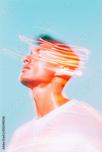 artistic portrait of a young man on a light blue background with creative glowing light effects, blending serenity, modernity, and vibrant energy photo