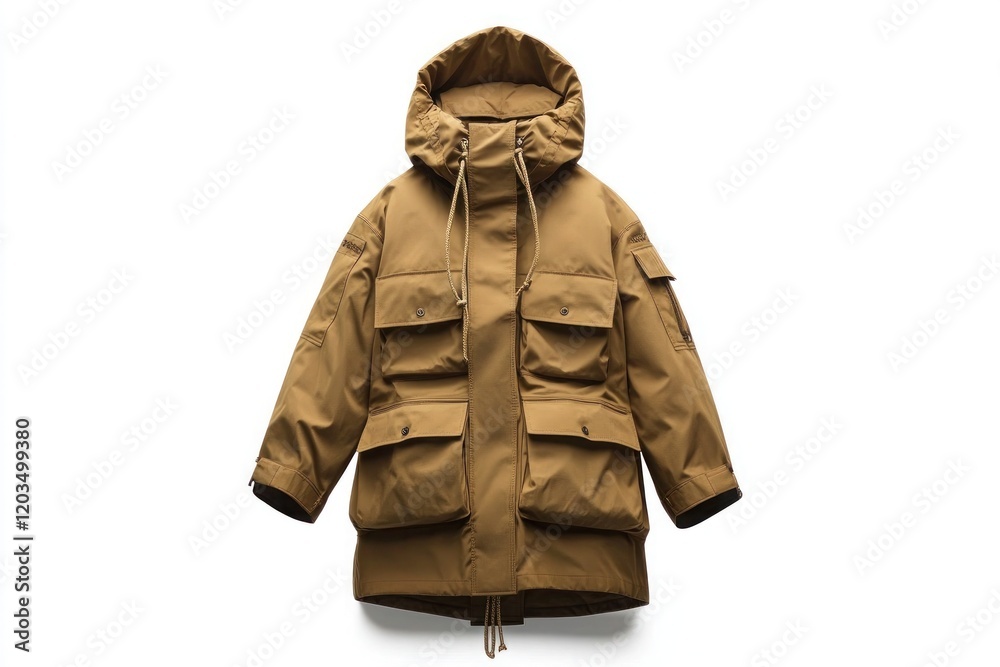 A stylish khaki parka with large front pockets and drawstring waist, neatly positioned on white. A stylish khaki parka with large front pockets and drawstring waist, neatly positioned on white.