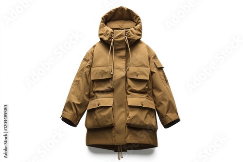A stylish khaki parka with large front pockets and drawstring waist, neatly positioned on white.