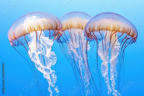 Rhizostoma pulmo - Rhizostomatidae, jellyfish swims in the water column and filters and eats plankton, Black Sea. Beautiful simple AI generated image photo