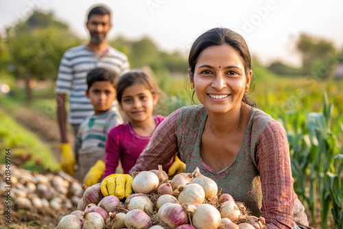 happy indian family sitting in onion farm photo