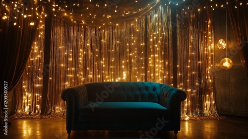 A stylish photo backdrop with shimmering gold streamers and glowing fairy lights.