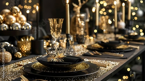 A glamorous black and gold New Yeara??s Eve party setup with sequined table runners. photo