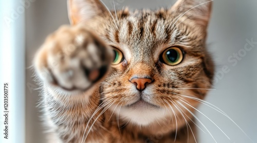 A cute cat extends its paw playfully, inviting engagement, and showcasing its adorable personality that brightens the homes of their owners and pet lovers alike. photo