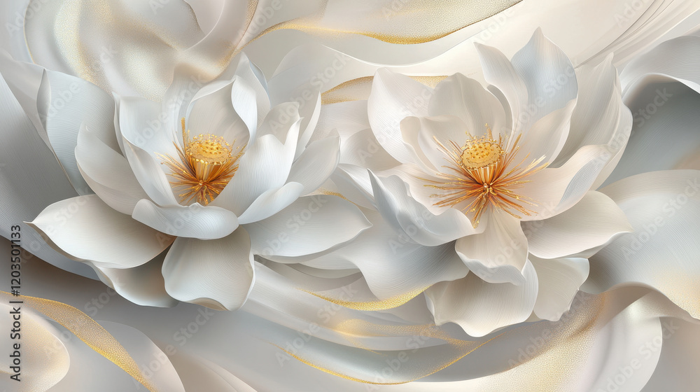 Obraz premium Elegant white lotus flowers on soft, flowing background create serene atmosphere. Perfect for home decor or art