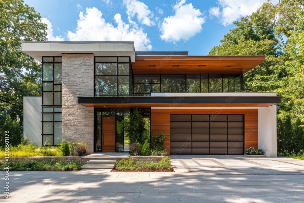 Modern architectural design of a stylish home with large glass windows and wooden accents nestled in a lush green landscape Modern architectural design of a stylish home with large glass windows and wooden accents nestled in a lush green landscape
