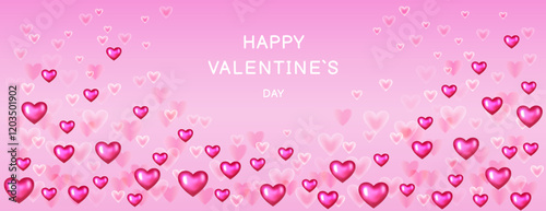 Romantic Valentine's Day background featuring shiny pink and soft transparent hearts floating on a gradient pink backdrop with the text "Happy Valentine’s Day." Ideal for festive cards, banners