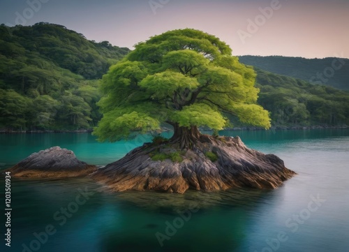 A lone tree on a small island in a vast body of water