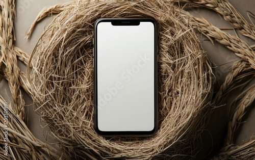 A premium smartphone with a large blank display, placed inside a nest of woven natural fibers, eco-friendly backdrop