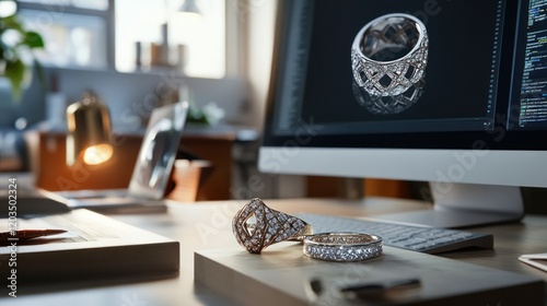 Jewelry designers focused on computer screens, crafting complex ring designs using CAD software, sleek modern workspace.