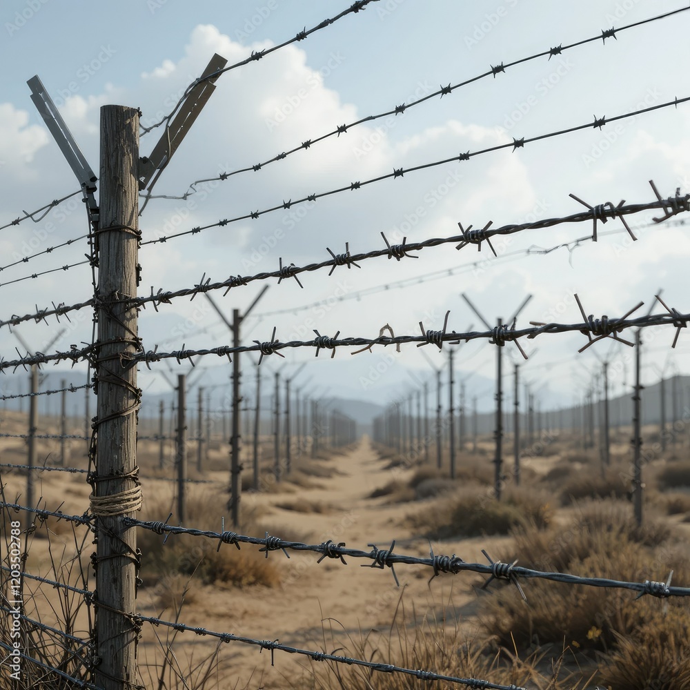 Barbed wire fence against a cloudy sky symbolizing restriction Barbed wire fence against a cloudy sky symbolizing restriction