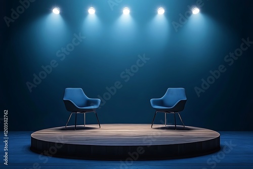 Elegant Blue Stage Setting with Two Armchairs