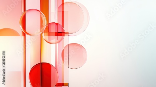 An intriguing arrangement of colorful transparent circles and rectangles against a light backdrop, it elegantly reflects the connection between shapes and emotions, illustrating creativity.