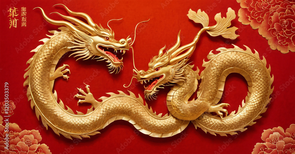 Celebrate the Year of the Dragon 2024 with gold colored dragon paper art and red stamp on the red Chinese language background,