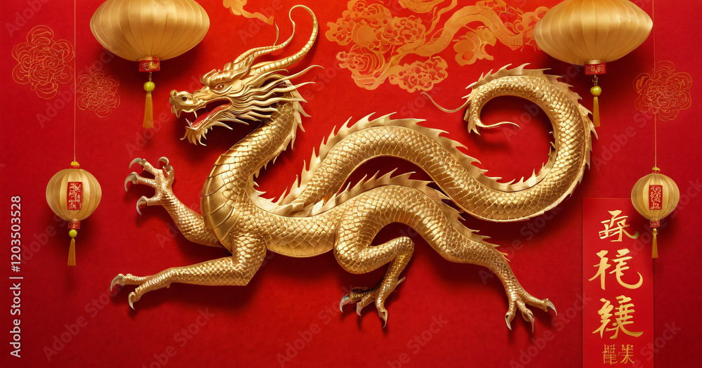 Celebrate the Year of the Dragon 2024 with gold colored dragon paper art and red stamp on the red Chinese language background,