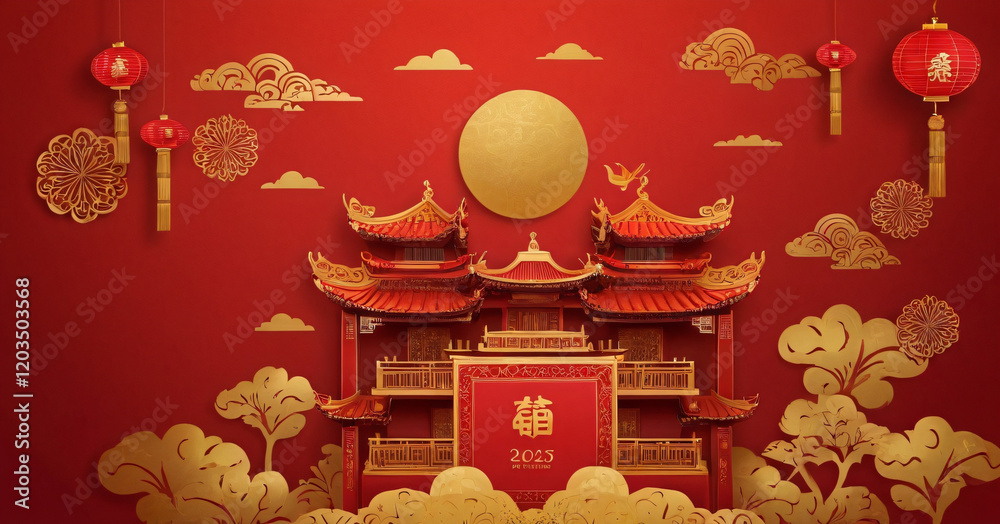 Happy Chinese new year 2025 beautiful decoration illustration wallpaper on red background