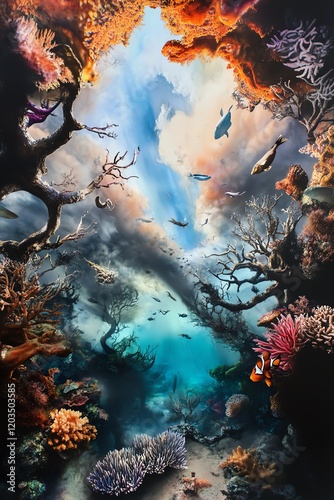 Enthralling underwater scene. Vibrant coral, diverse fish, and intriguing rock formations create a captivating dreamscape. Perfect for marine life, nature, and fantasy themes. photo