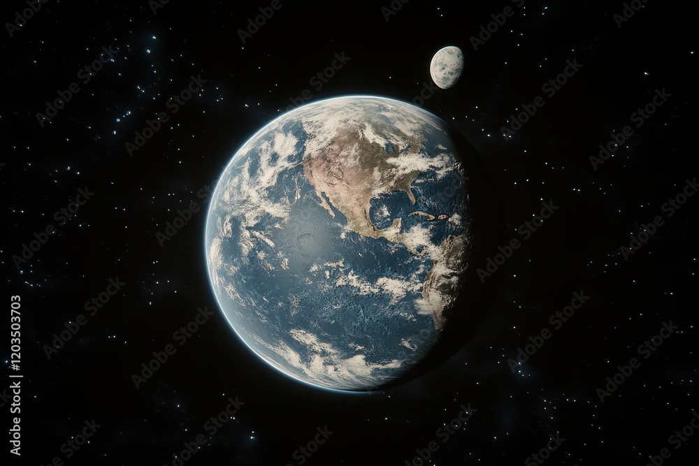 Fototapeta premium A breathtaking 8K image of a planet seen from orbit, enveloped in a thick atmosphere with clouds, continents, and oceans, accompanied by two moons in the background.