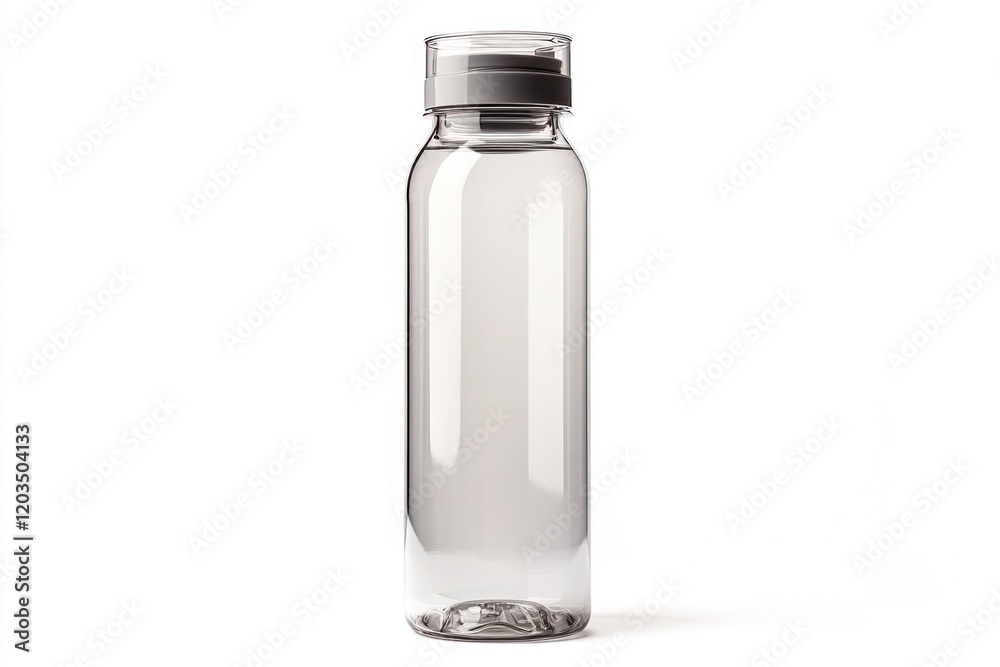 A translucent plastic water bottle with a screw-on cap, standing upright on white. A translucent plastic water bottle with a screw-on cap, standing upright on white.