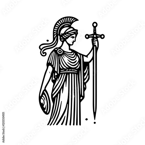 Athena, Goddess of Wisdom and War:  A striking line art illustration of Athena, the Greek goddess, depicted in a flowing robe, helmet, and holding a sword.  Her pose conveys strength, wisdom.