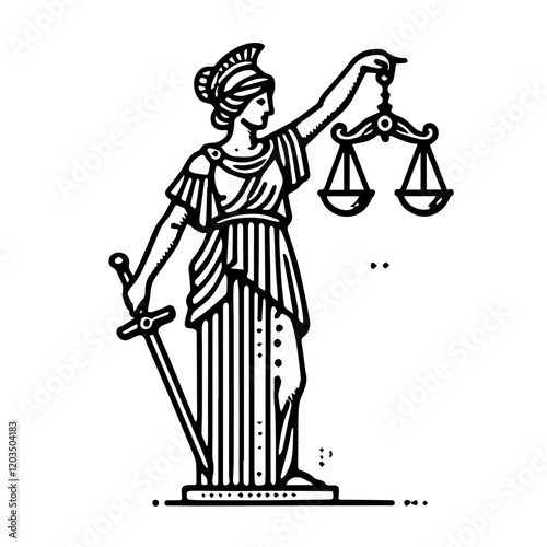 Lady Justice: A striking line art illustration of Lady Justice, the embodiment of the legal system, holding a sword and scales, symbolizing justice, balance, and impartiality.