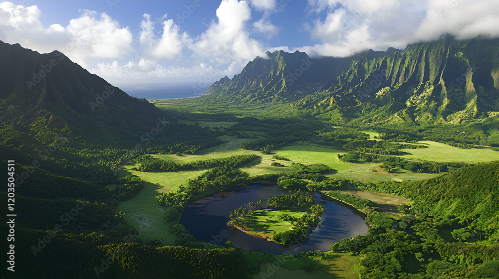 Fototapeta premium Aerial view of lush valley, river, mountains, ocean backdrop, travel brochure
