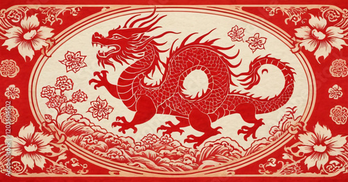 Celebrate the Year of the Dragon 2025 with red papercutting dragon on floral background, the Chinese stamp means dragon