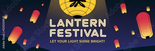 A creative minimalist neon-themed lantern festival poster design. The background is a dark blue sky with floating lanterns of various shapes and sizes. There is a large yellow lantern 