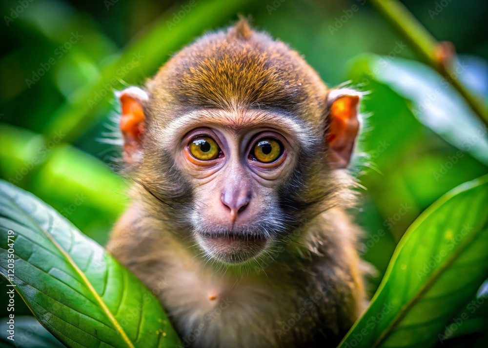 Fototapeta premium Adorable Baby Monkey in Lush Forest, Close-up Macro Shot