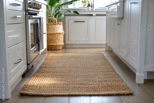 Natural fibers enhance a bright kitchen space with a cozy area rug and stylish decor