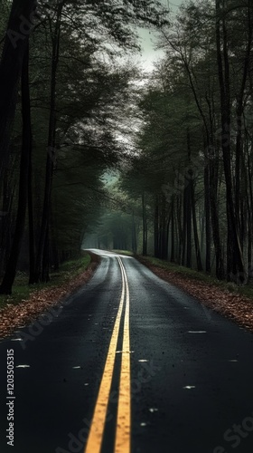 Obraz na płótnie Wet empty road through dark forest at night w salonie