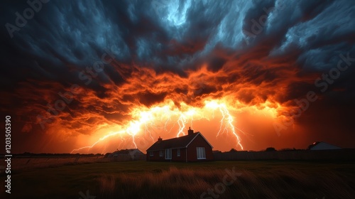 A serene house in the foreground contrasts with a fiery storm backdrop, showcasing dramatic lightning strikes and a vivid orange sky, embodying nature's fierce beauty. photo