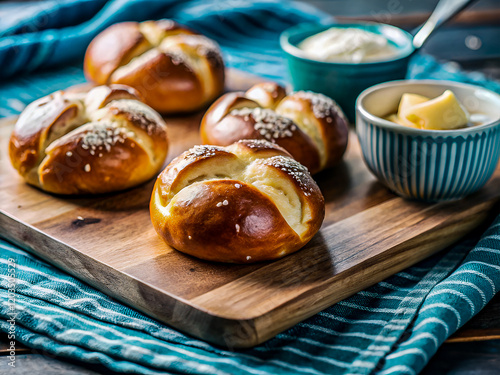 Delicious Bavarian pretzel rolls with a bowl of butter on a wooden cutting board. Tasty Food background photo