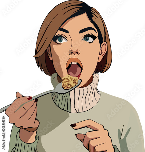 Woman enjoying a spoonful of oatmeal, pop art illustration