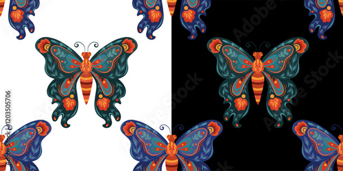 Set of vector patterns with colorful folk art butterflies on black and white background. Collection of textures with tracery flying insects for wallpaper and fabrics