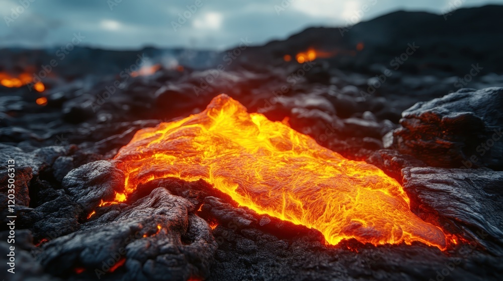 A close-up view capturing a vibrant stream of glowing lava flowing across dark volcanic rock, highlighting the contrast and beauty of nature's most powerful elements in motion. A close-up view capturing a vibrant stream of glowing lava flowing across dark volcanic rock, highlighting the contrast and beauty of nature's most powerful elements in motion.