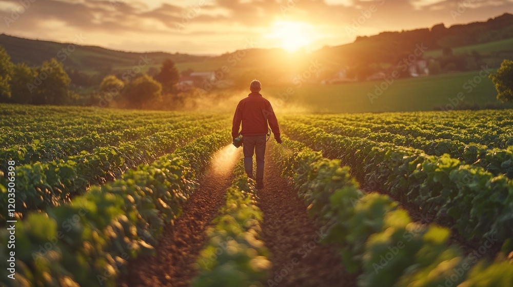 Fototapeta premium A farmer sprays his crop with pesticide during sunset, using his portable spraying machine, in a wide cultivated agriculture field