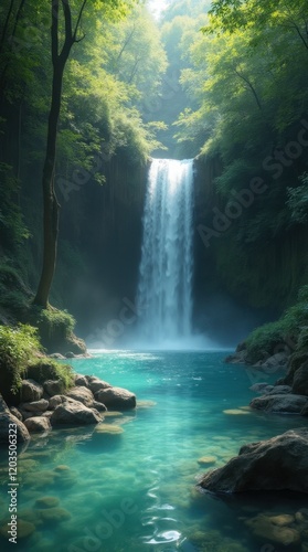Serene Waterfall and Glowing Lagoon